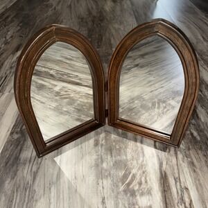 Vintage Double Mirror Cathedral Arched Wood frame Bifold Double Frame Standing